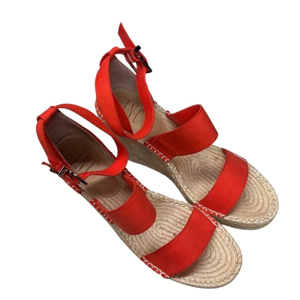 INC International Concepts Coral Red Platform Wedge Espadrille Sandals Size 7.5‎